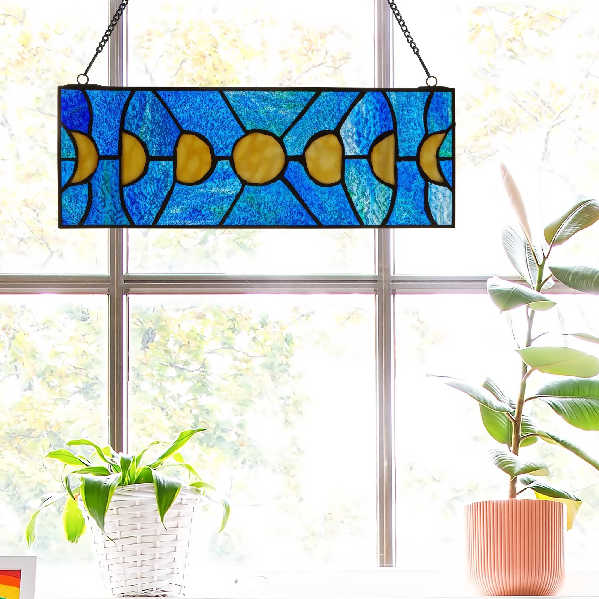 5"H Moon Phases Rectangular Stained Glass Window Panel - Spiral Circle