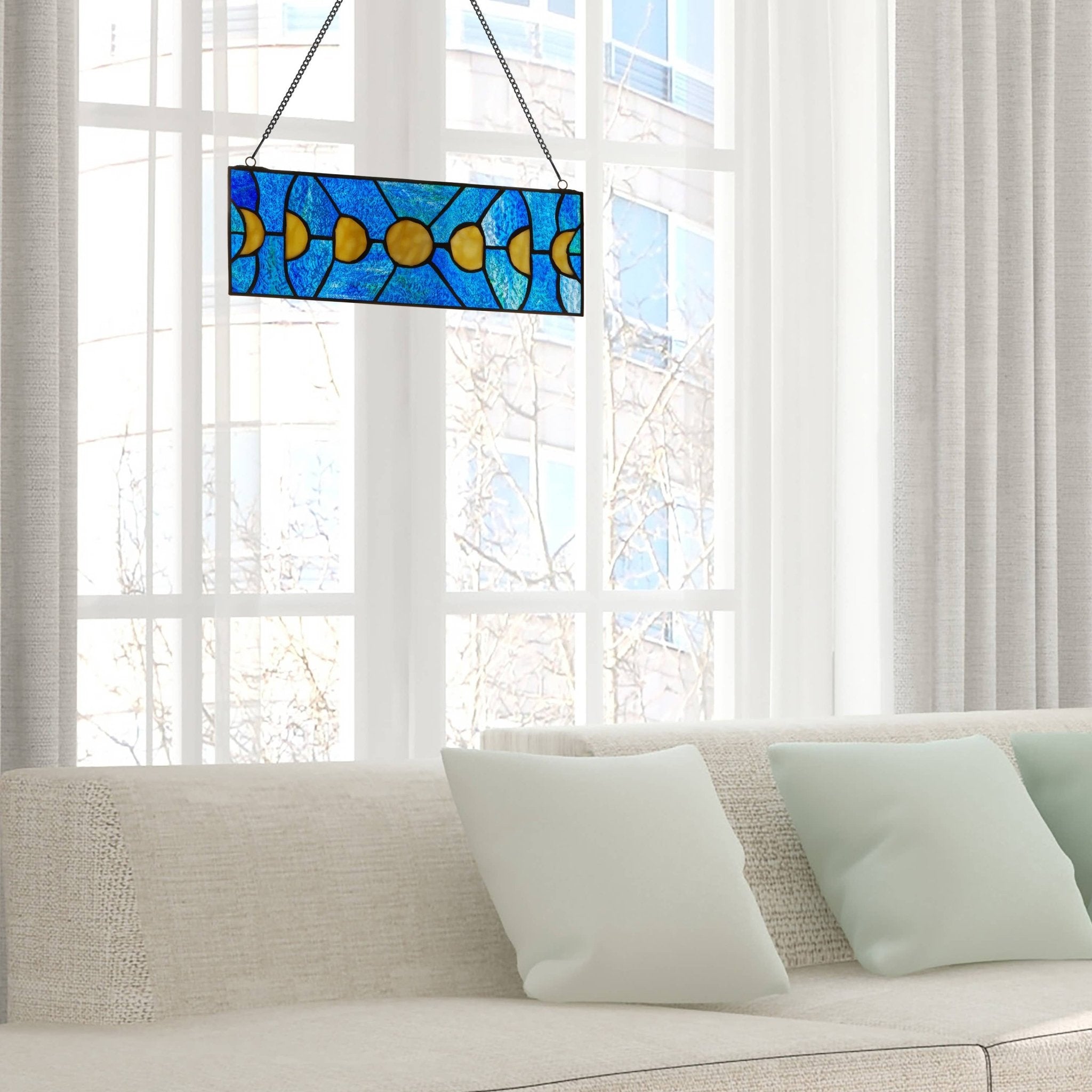 5"H Moon Phases Rectangular Stained Glass Window Panel - Spiral Circle