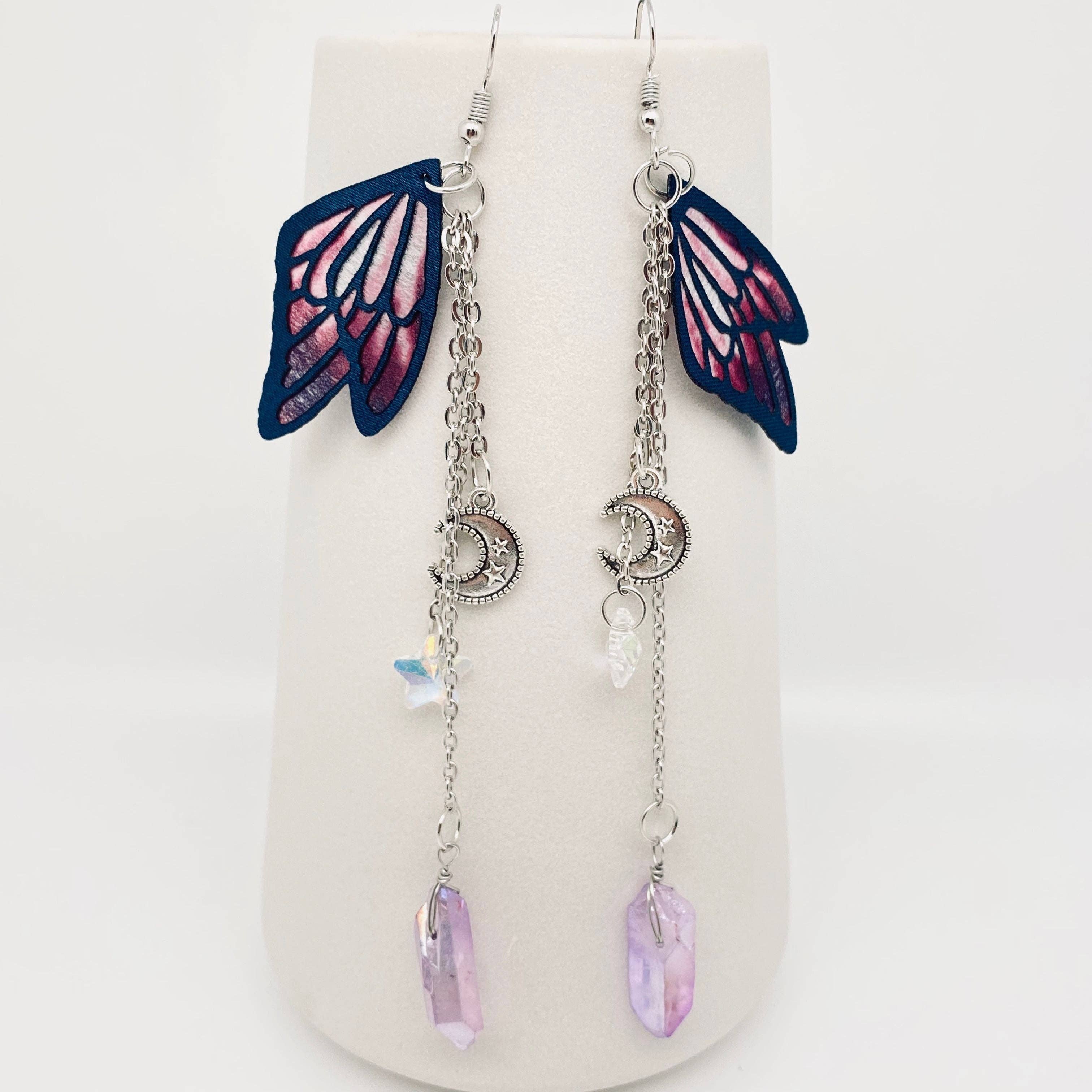 Clear Quartz & Purple Butterfly Wings,Moon,Star Earrings