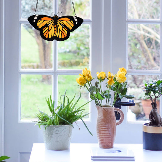 6.5"H Yellow & Orange Butterfly Stained Glass Window Panel - Spiral Circle
