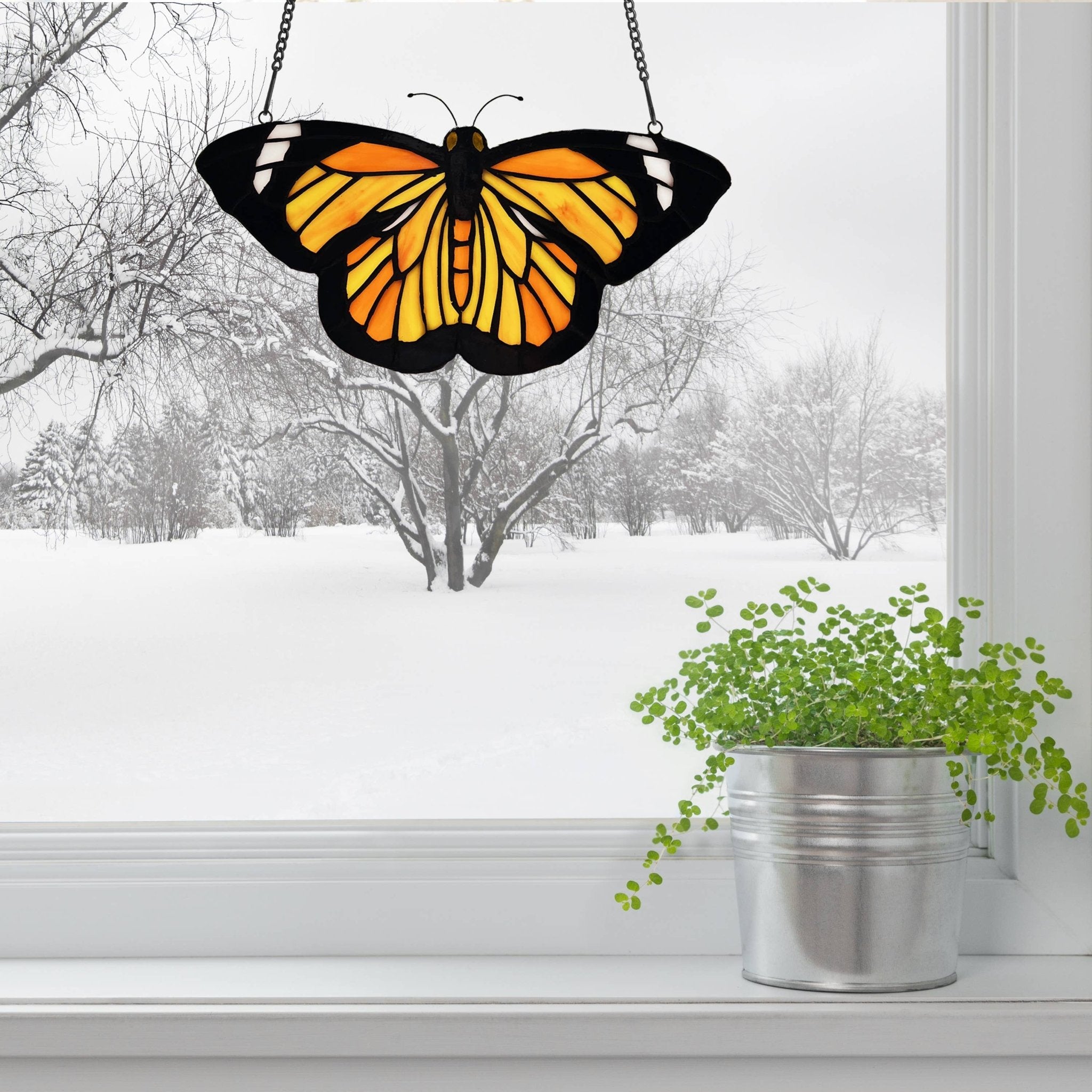 6.5"H Yellow & Orange Butterfly Stained Glass Window Panel - Spiral Circle