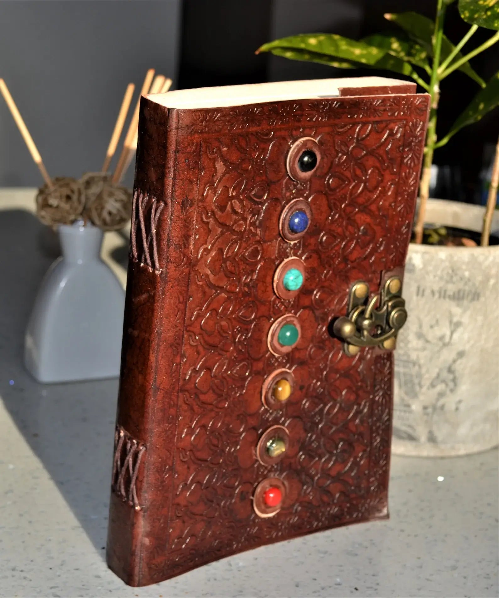 7 Chakra Leather Journal Chakra Stones Meditation - Spiral Circle