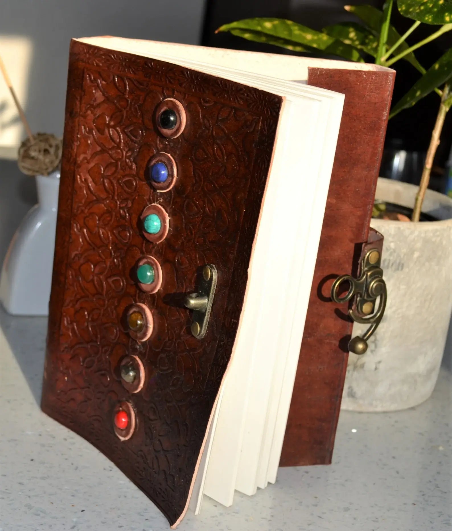7 Chakra Leather Journal Chakra Stones Meditation - Spiral Circle