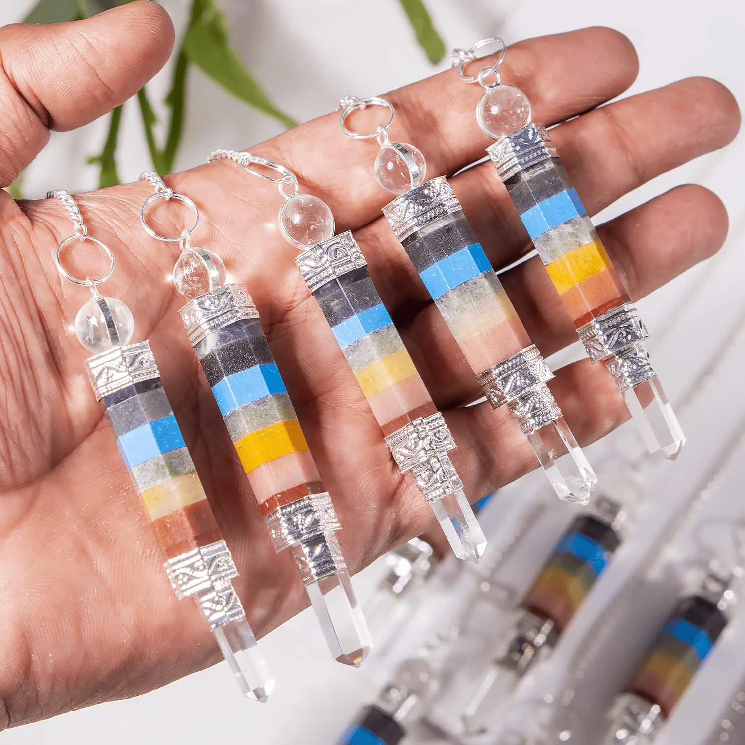 7 Chakra Pendulum | Quartz Point with Ball | Divination Tool - Spiral Circle