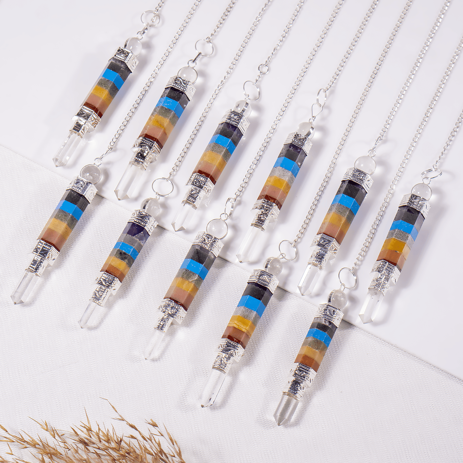 7 Chakra Pendulum | Quartz Point with Ball | Divination Tool - Spiral Circle
