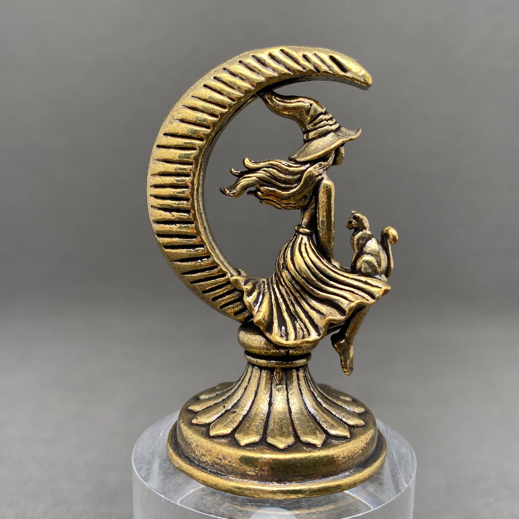 The Witch and Cat On The Moon | Brass Figurine