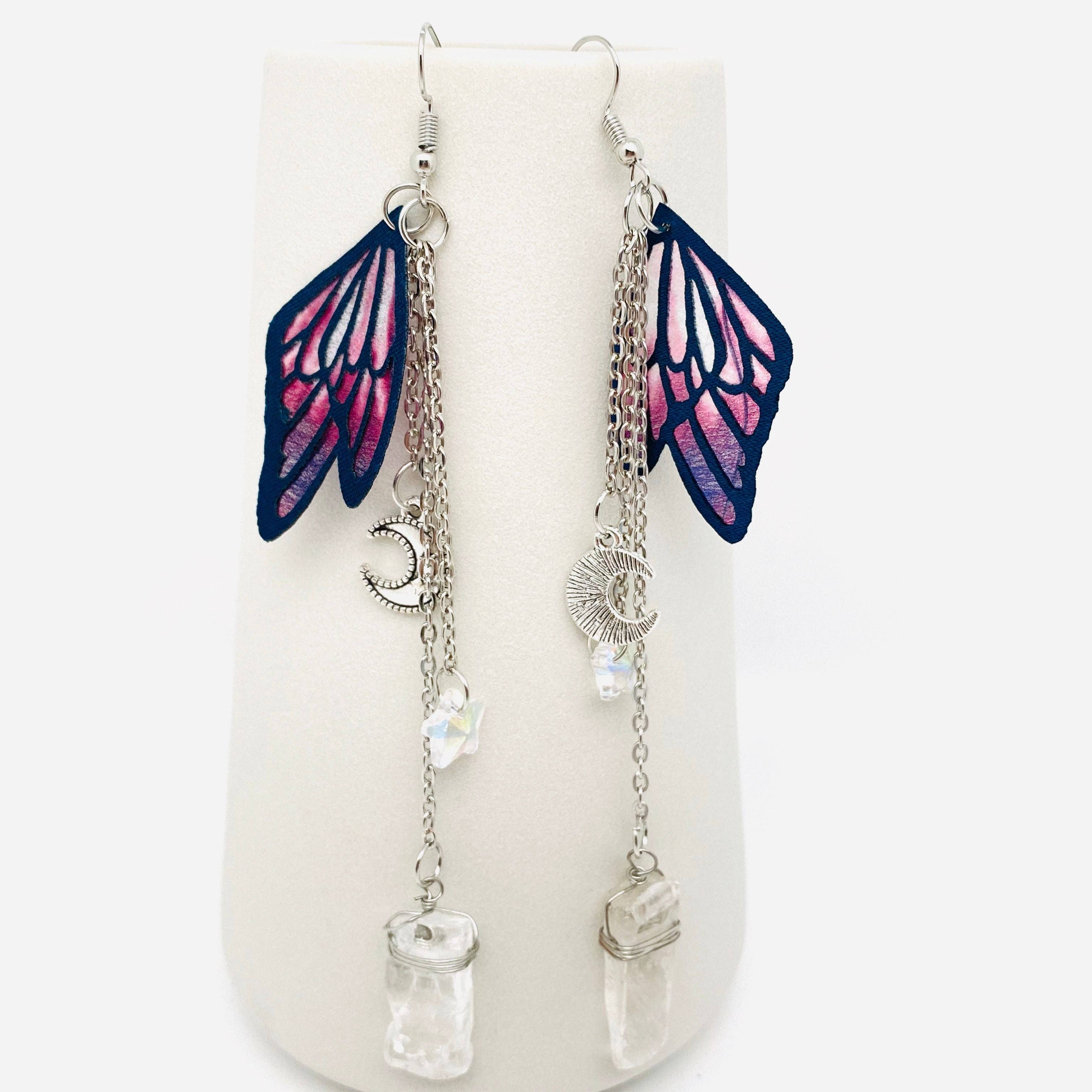 Clear Quartz & Purple Butterfly Wings,Moon,Star Earrings