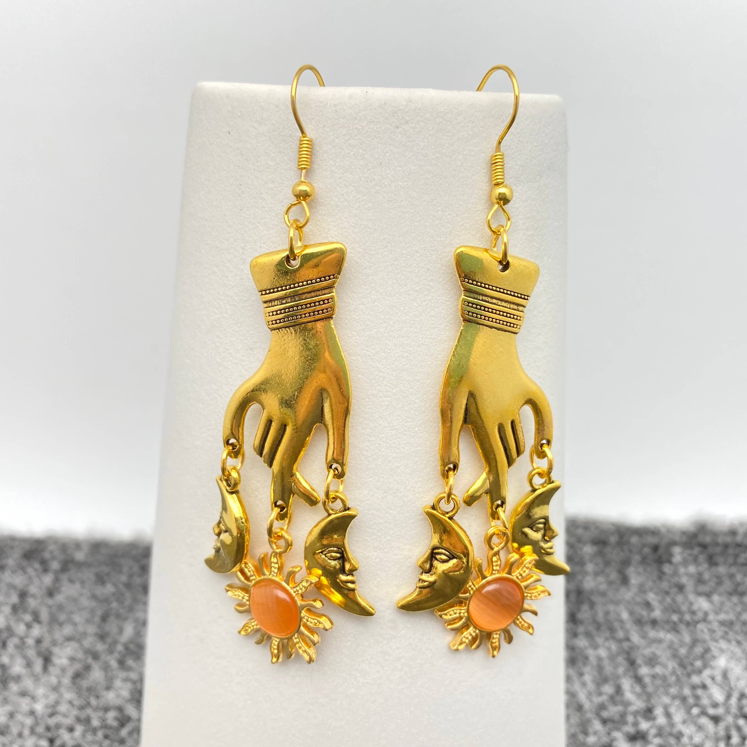 Vintage, Golden Star Moon & Hand Dangle Earrings
