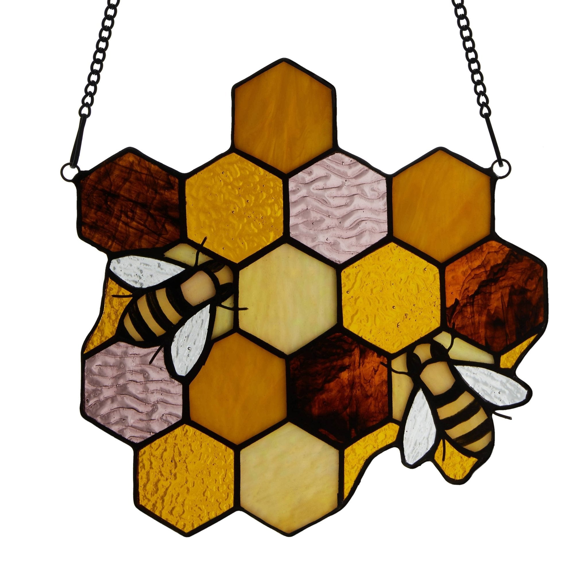8.25"H Cassie Honeycomb Bees Stained Glass Window Panel - Spiral Circle