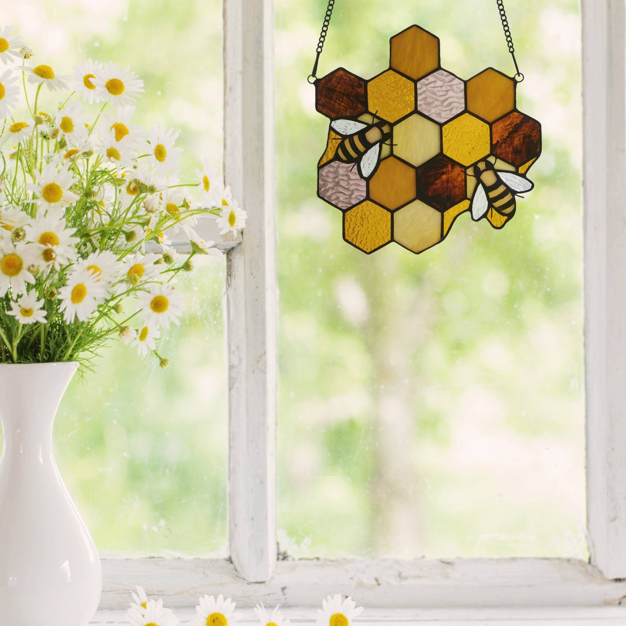 8.25"H Cassie Honeycomb Bees Stained Glass Window Panel - Spiral Circle