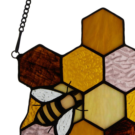 8.25"H Cassie Honeycomb Bees Stained Glass Window Panel - Spiral Circle