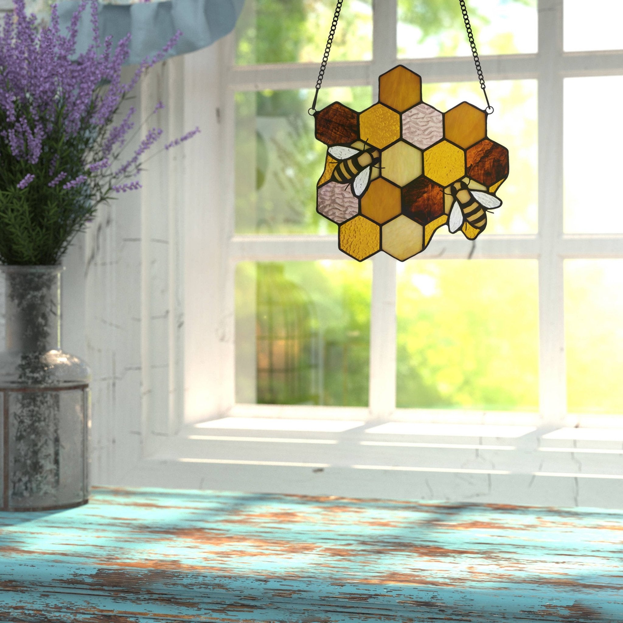8.25"H Cassie Honeycomb Bees Stained Glass Window Panel - Spiral Circle