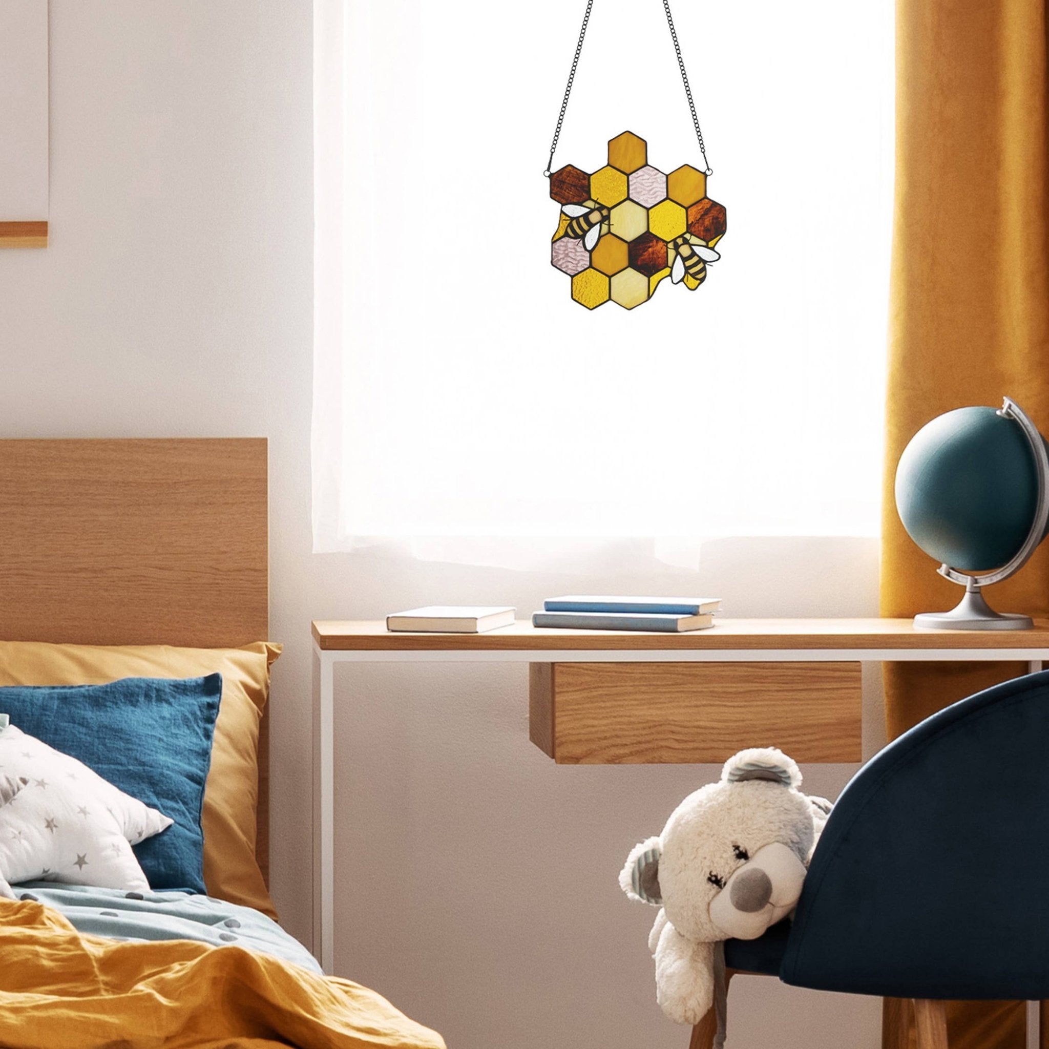 8.25"H Cassie Honeycomb Bees Stained Glass Window Panel - Spiral Circle