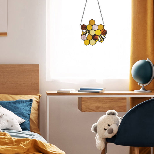 8.25"H Cassie Honeycomb Bees Stained Glass Window Panel - Spiral Circle