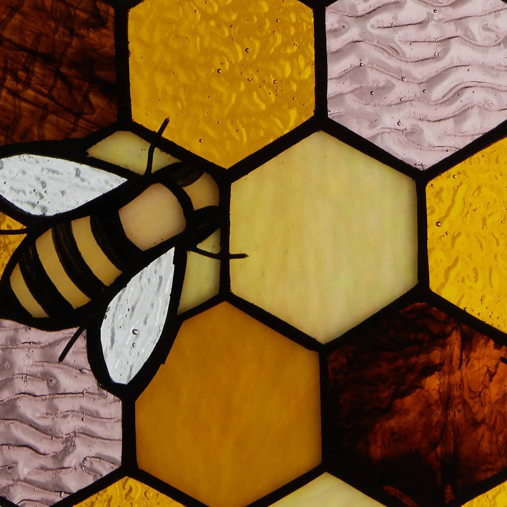 8.25"H Cassie Honeycomb Bees Stained Glass Window Panel - Spiral Circle