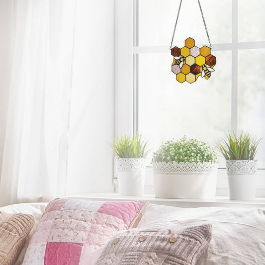 8.25"H Cassie Honeycomb Bees Stained Glass Window Panel - Spiral Circle