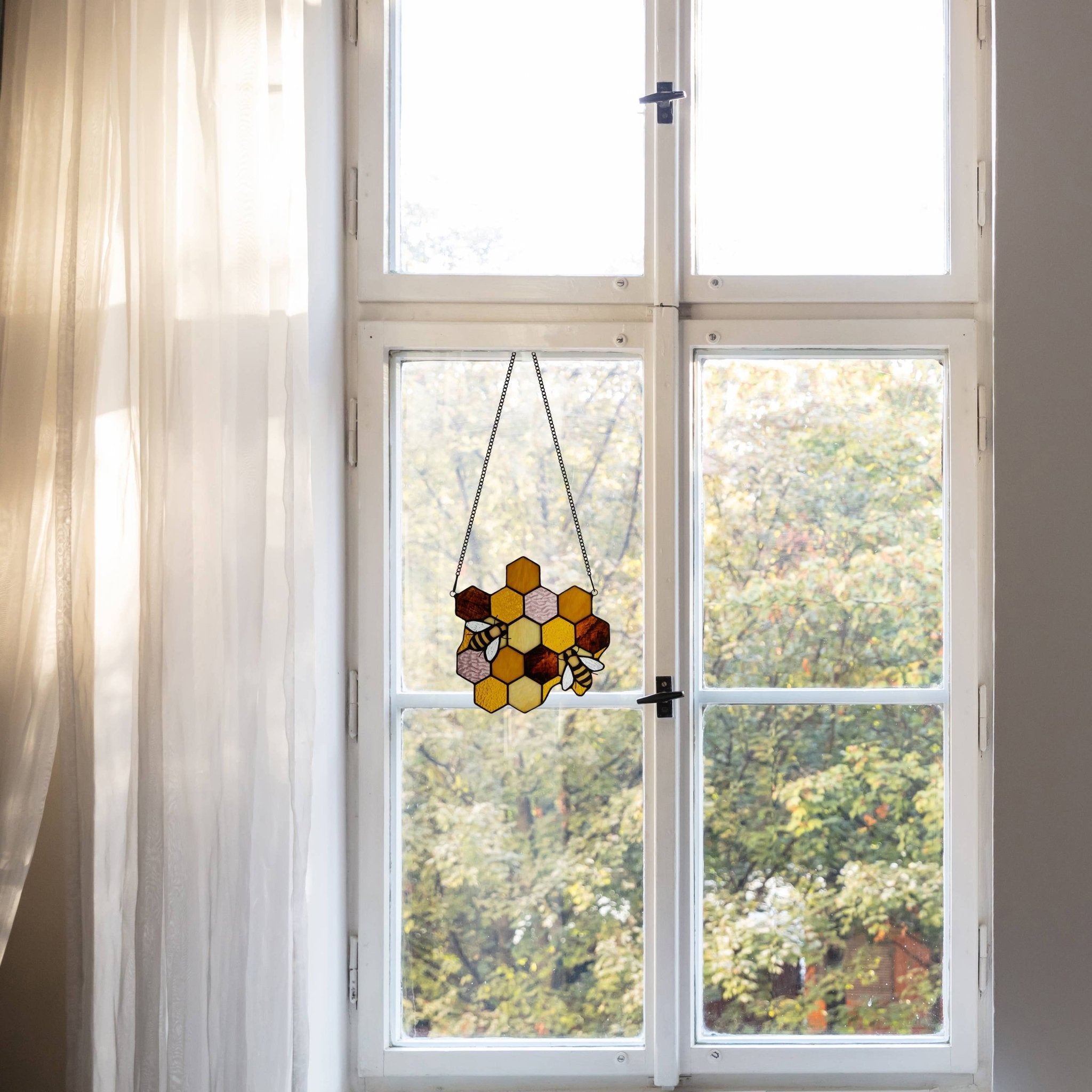 8.25"H Cassie Honeycomb Bees Stained Glass Window Panel - Spiral Circle