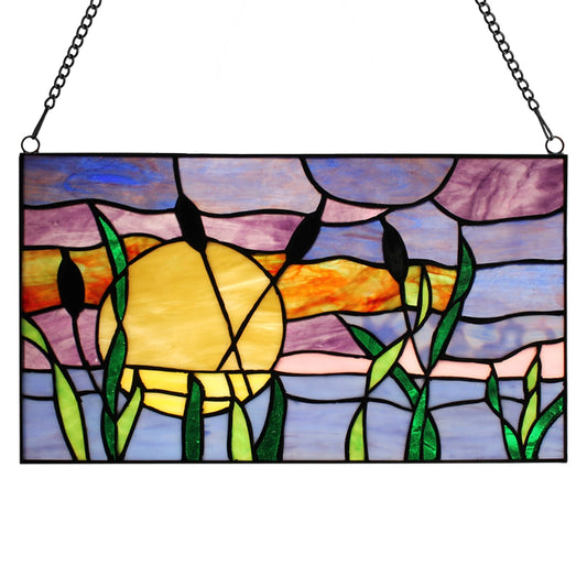 8.25"H Purple Cattails at Sunset Stained Glass Window Panel - Spiral Circle