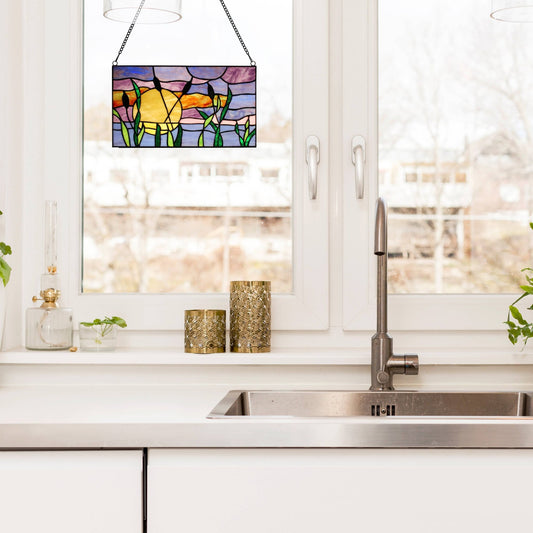 8.25"H Purple Cattails at Sunset Stained Glass Window Panel - Spiral Circle