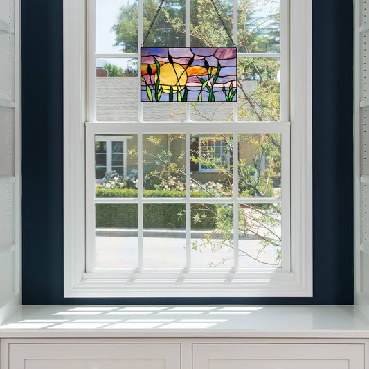 8.25"H Purple Cattails at Sunset Stained Glass Window Panel - Spiral Circle