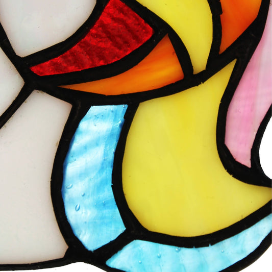 8"H Ariel the White Unicorn Stained Glass Window Panel - Spiral Circle