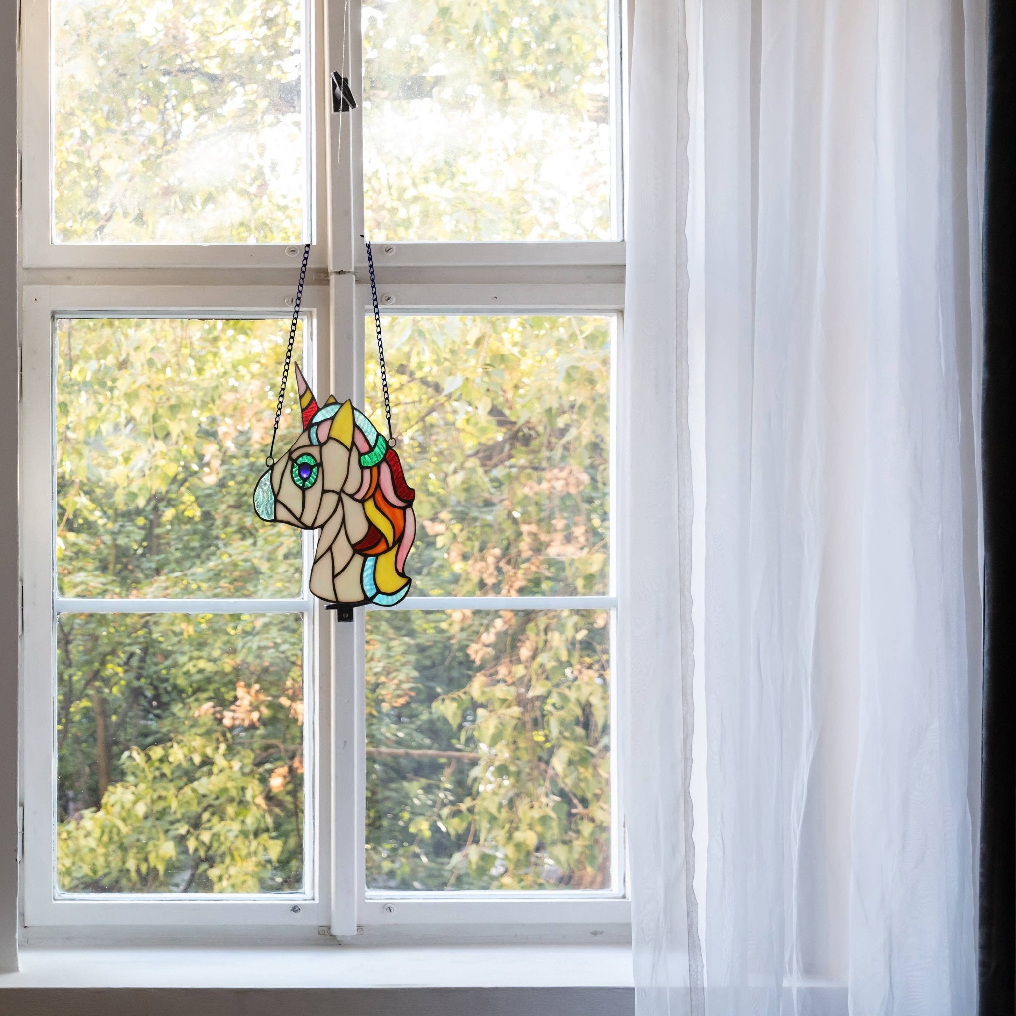 8"H Ariel the White Unicorn Stained Glass Window Panel - Spiral Circle