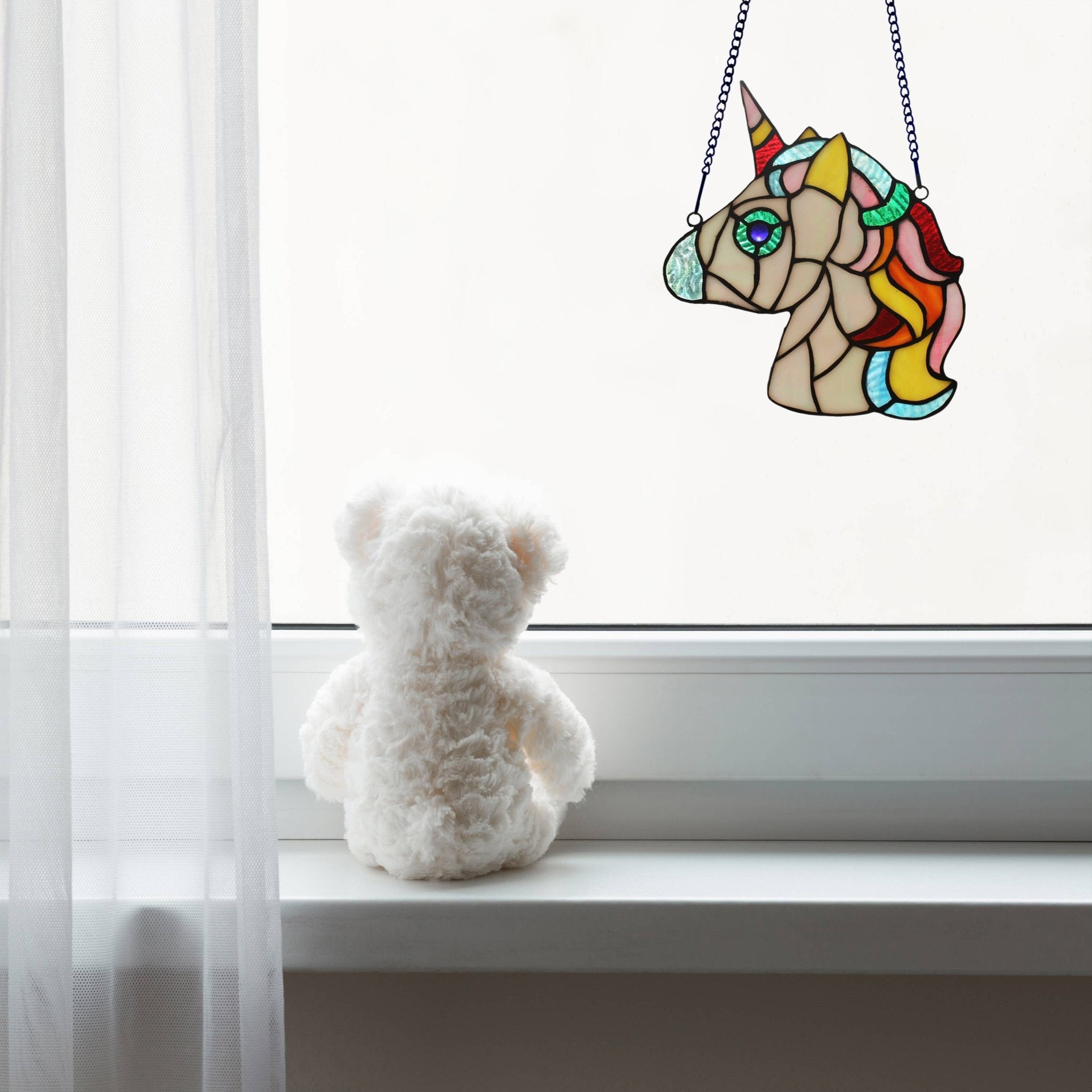 8"H Ariel the White Unicorn Stained Glass Window Panel - Spiral Circle