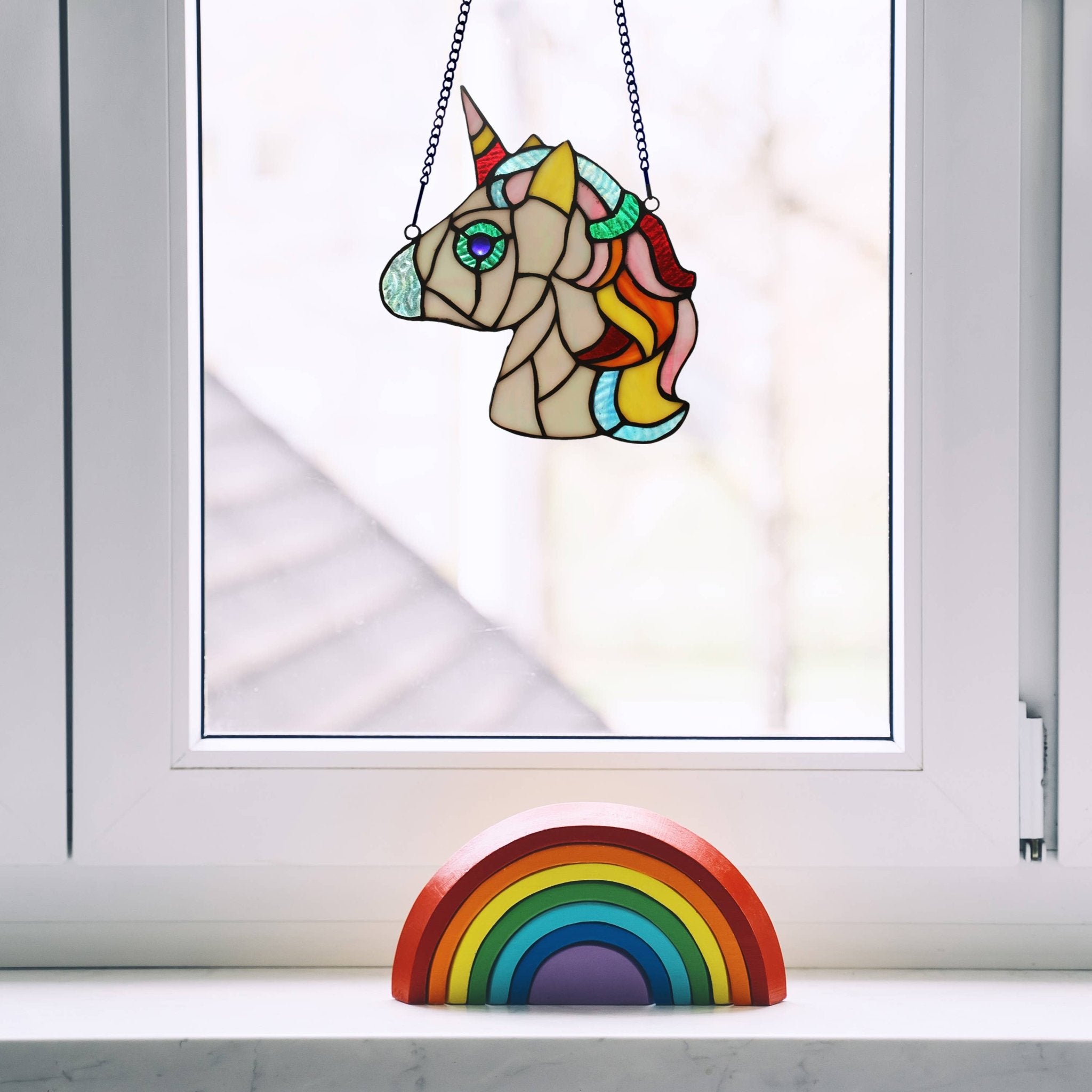 8"H Ariel the White Unicorn Stained Glass Window Panel - Spiral Circle