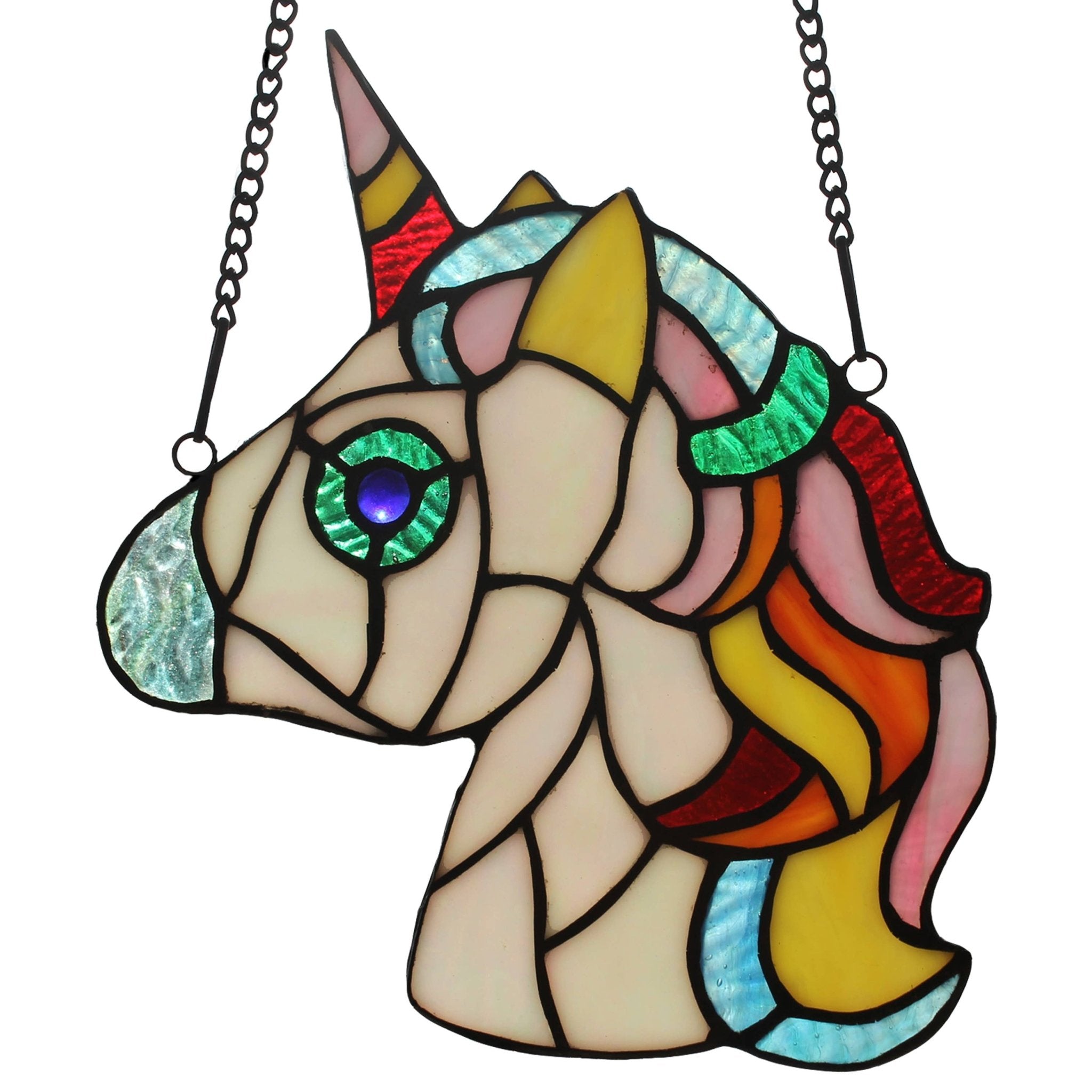 8"H Ariel the White Unicorn Stained Glass Window Panel - Spiral Circle