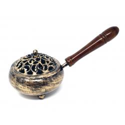 9" Golden Iron Charcoal Burner with Lid & wood Handle - Spiral Circle