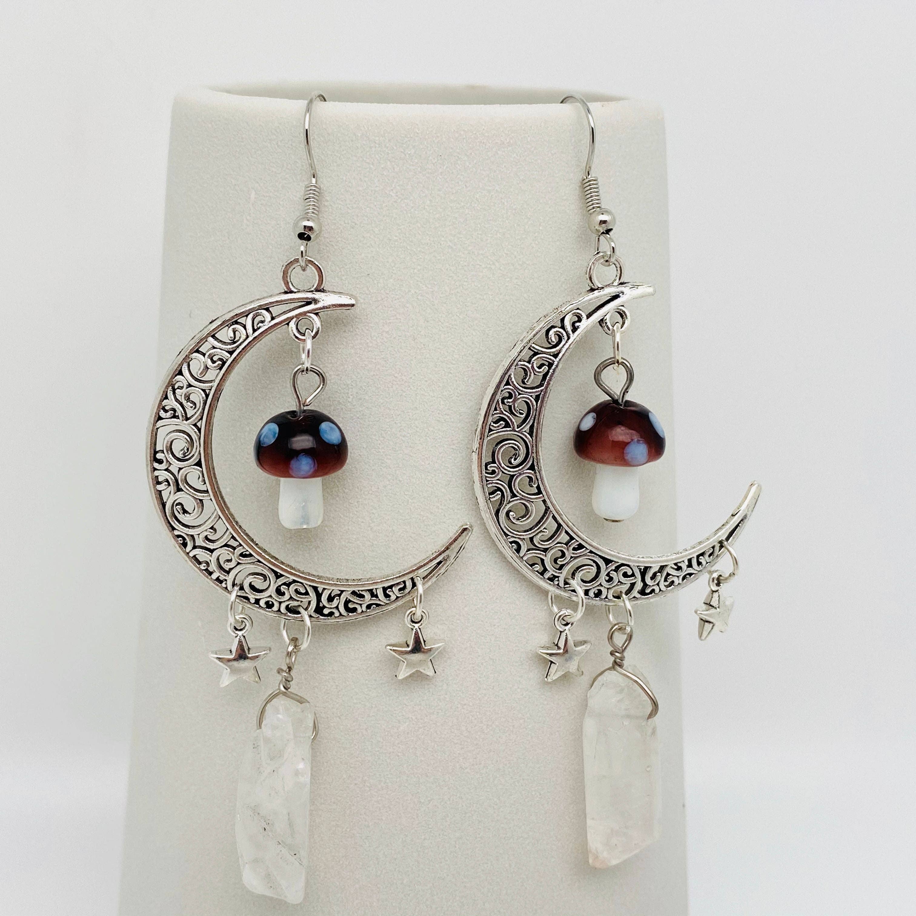 Crescent Moon & Mushroom | Clear Quartz Earrings
