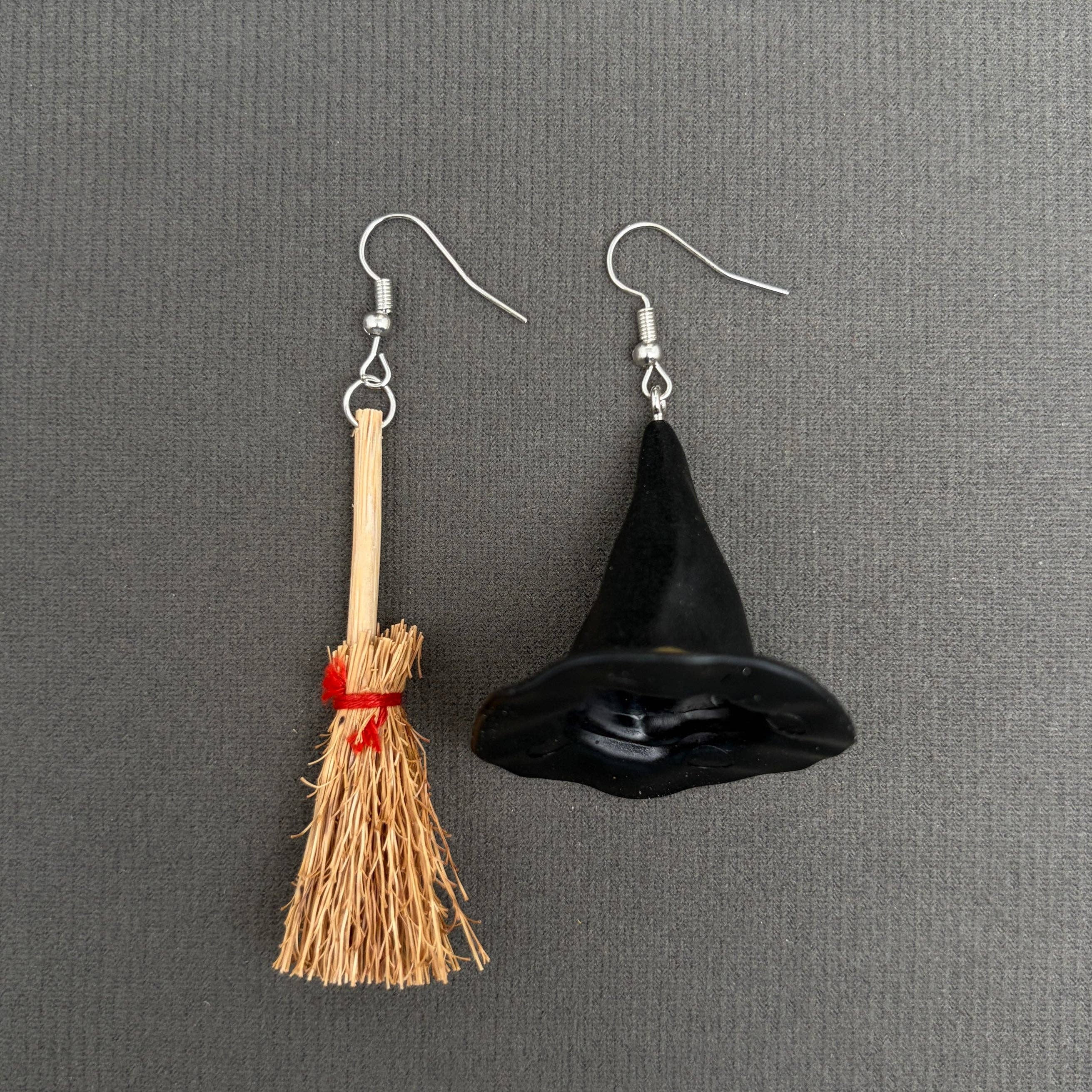 Halloween Witch Hat & Broom | Dangle Earrings