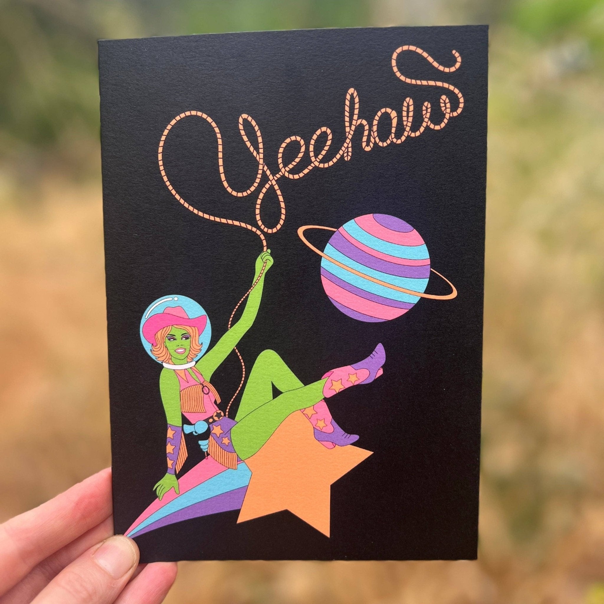 A7 LARGE Yeehaw Space Cowgirl Greeting Card - Spiral Circle