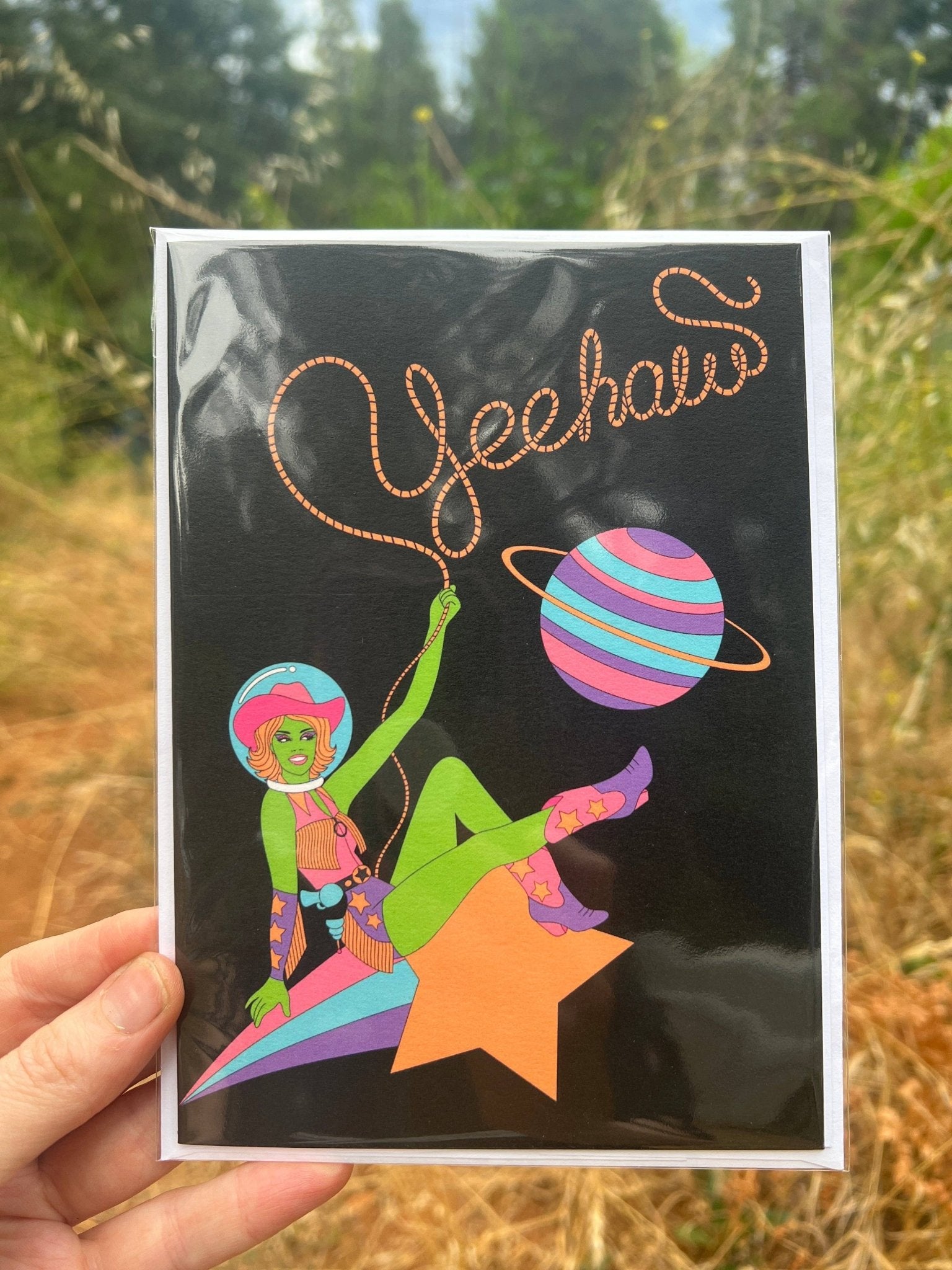 A7 LARGE Yeehaw Space Cowgirl Greeting Card - Spiral Circle