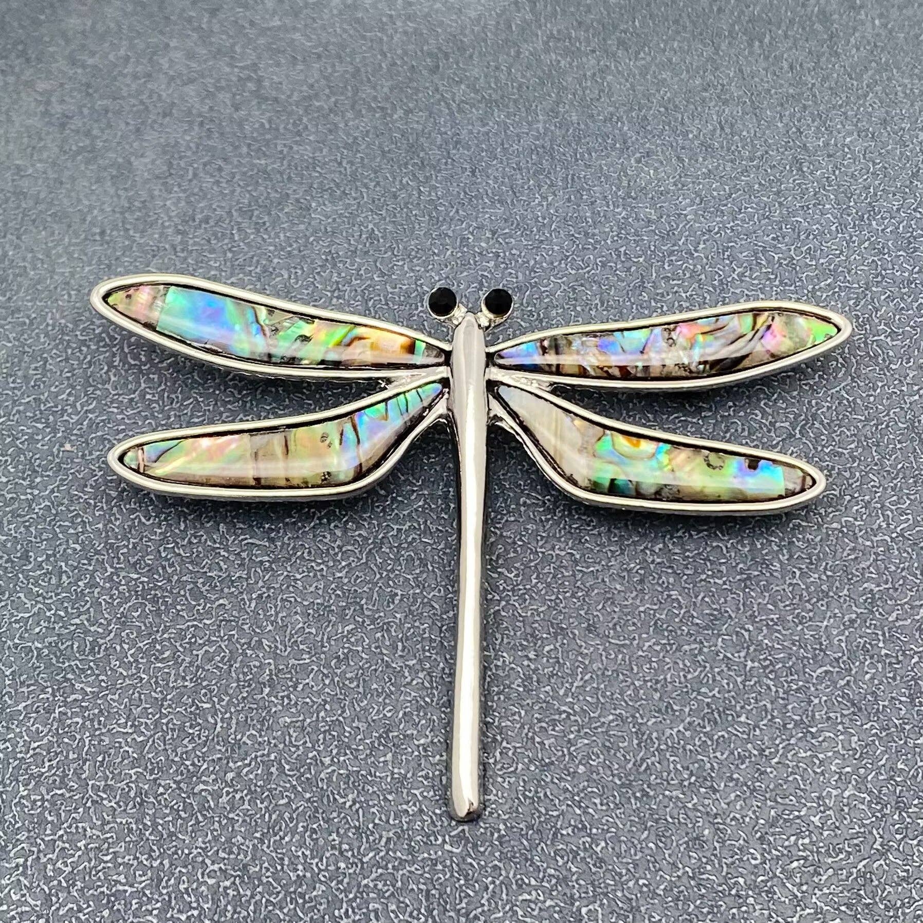 Abalone Shell Dragonfly Silver Tone Brooch - Spiral Circle