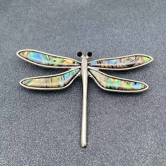 Abalone Shell Dragonfly Silver Tone Brooch - Spiral Circle