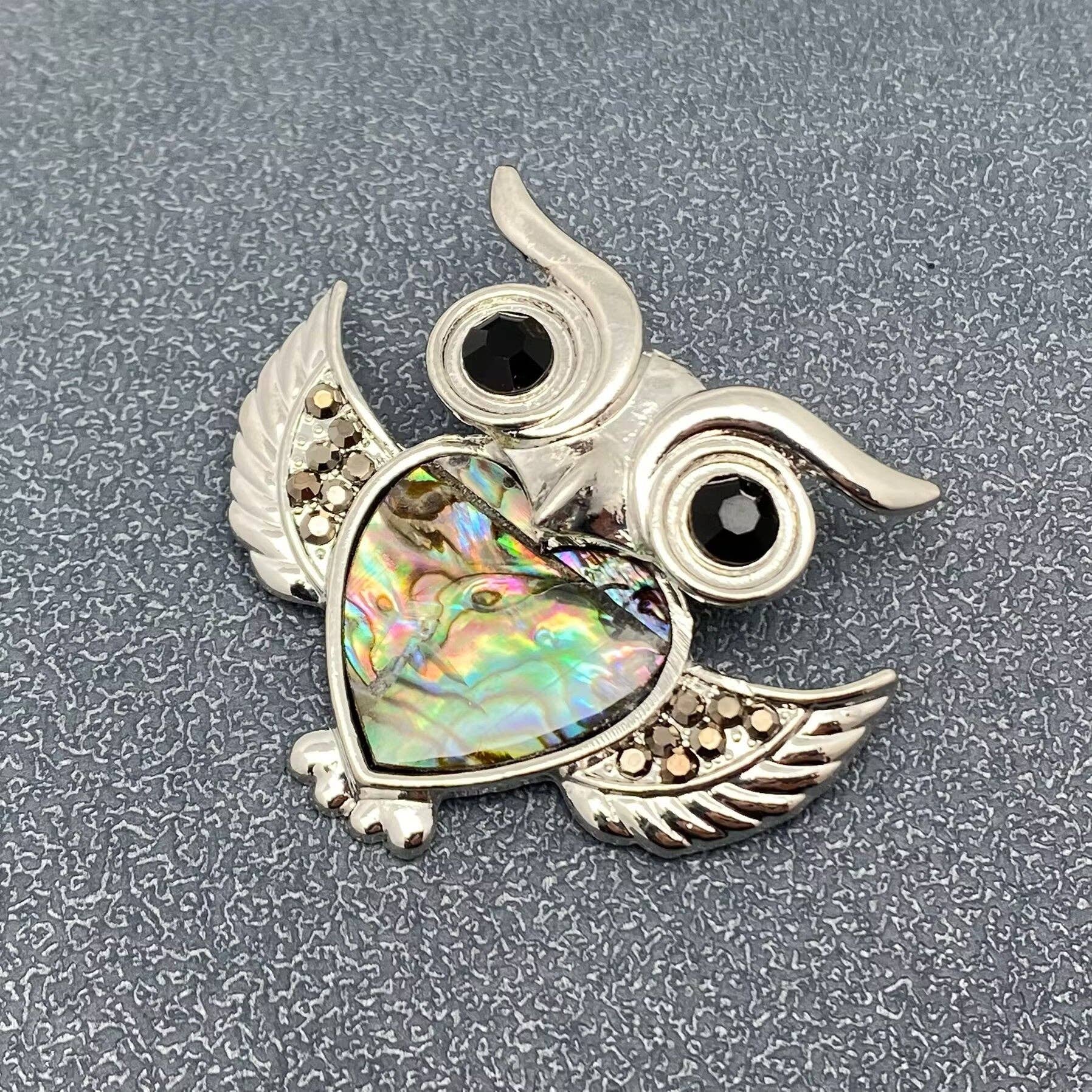 Abalone Shell Owl Silver Tone Cat Brooch - Spiral Circle