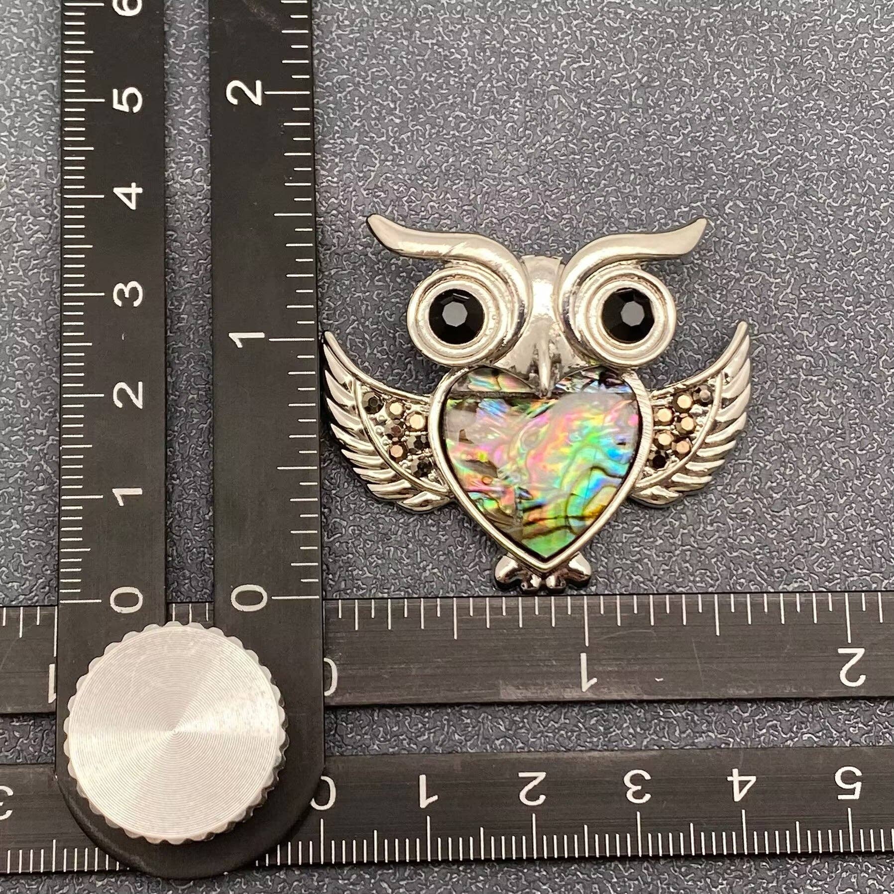 Abalone Shell Owl Silver Tone Cat Brooch - Spiral Circle