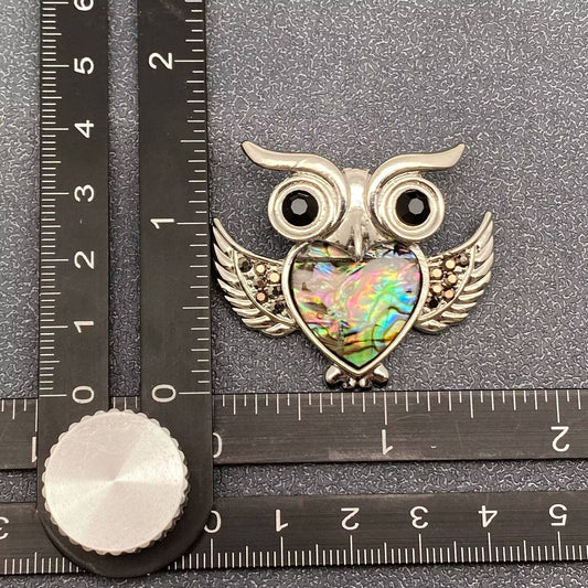Abalone Shell Owl Silver Tone Cat Brooch - Spiral Circle