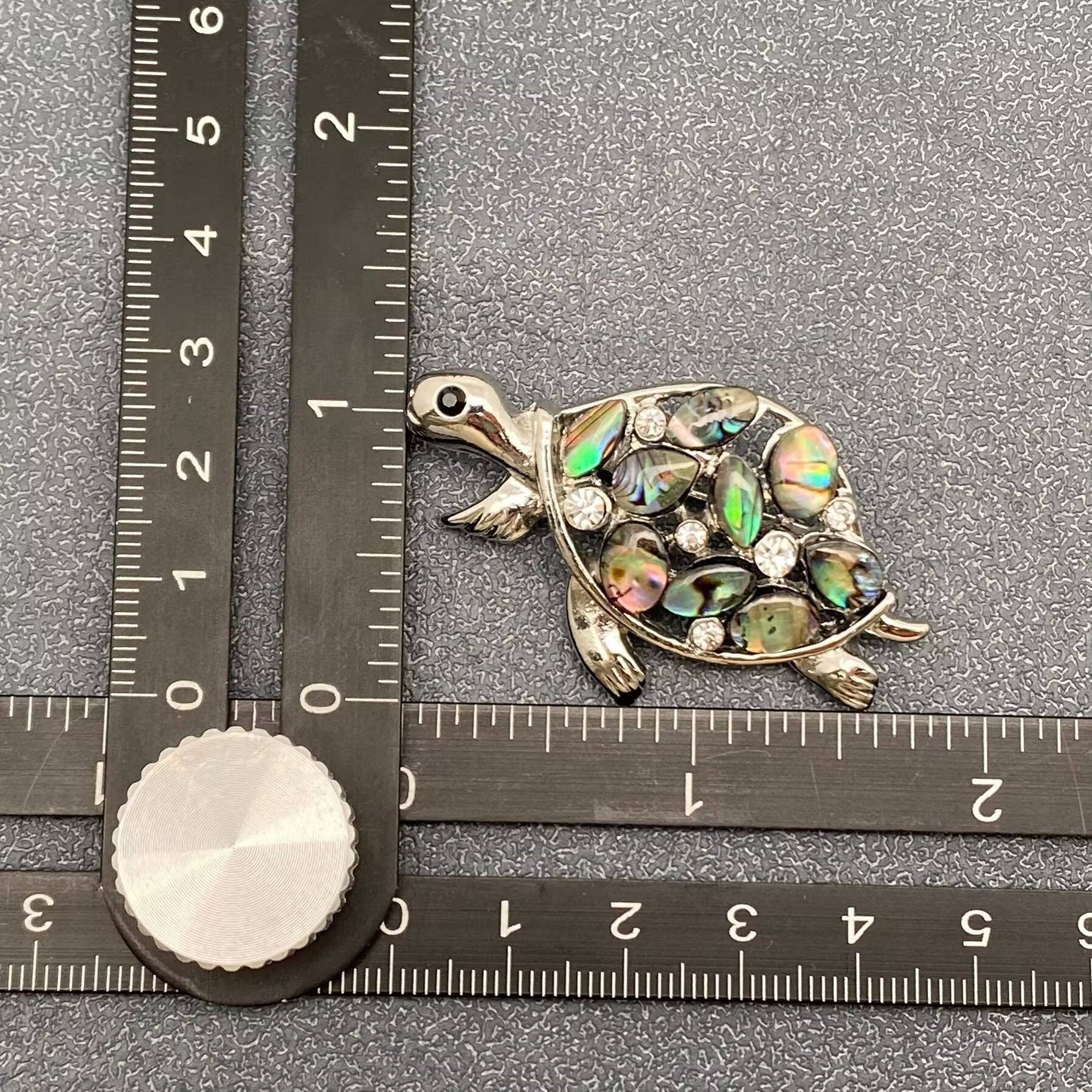 Abalone Shell & Rhinestone Turtle Silver Tone Brooch - Spiral Circle