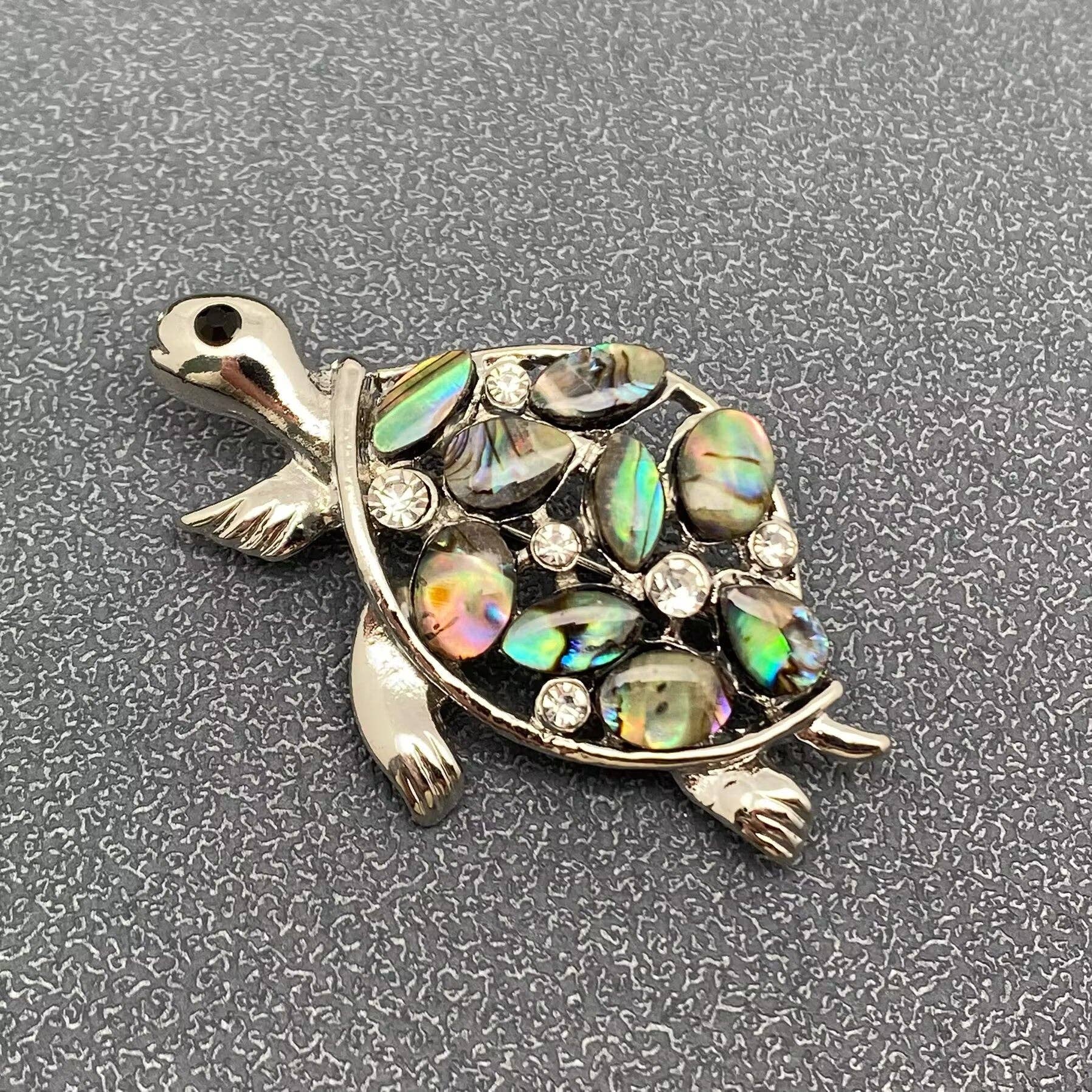 Abalone Shell & Rhinestone Turtle Silver Tone Brooch - Spiral Circle