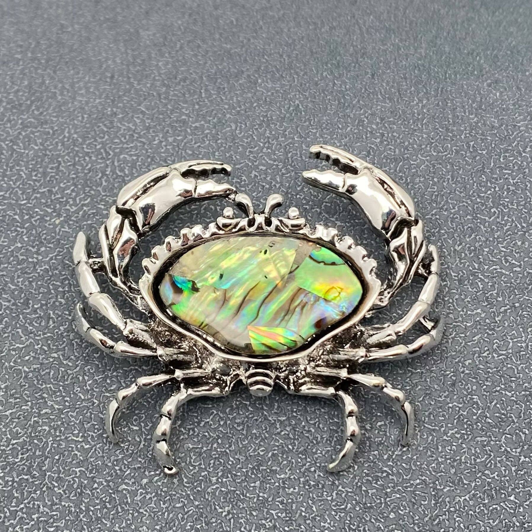 Abalone Shell Silver Tone Crab Brooch - Spiral Circle