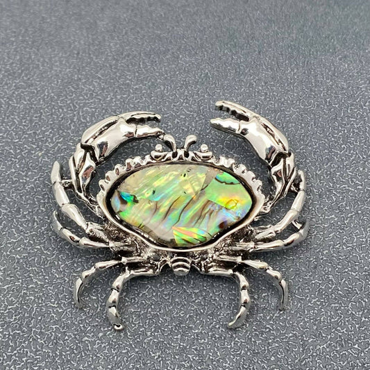 Abalone Shell Silver Tone Crab Brooch - Spiral Circle