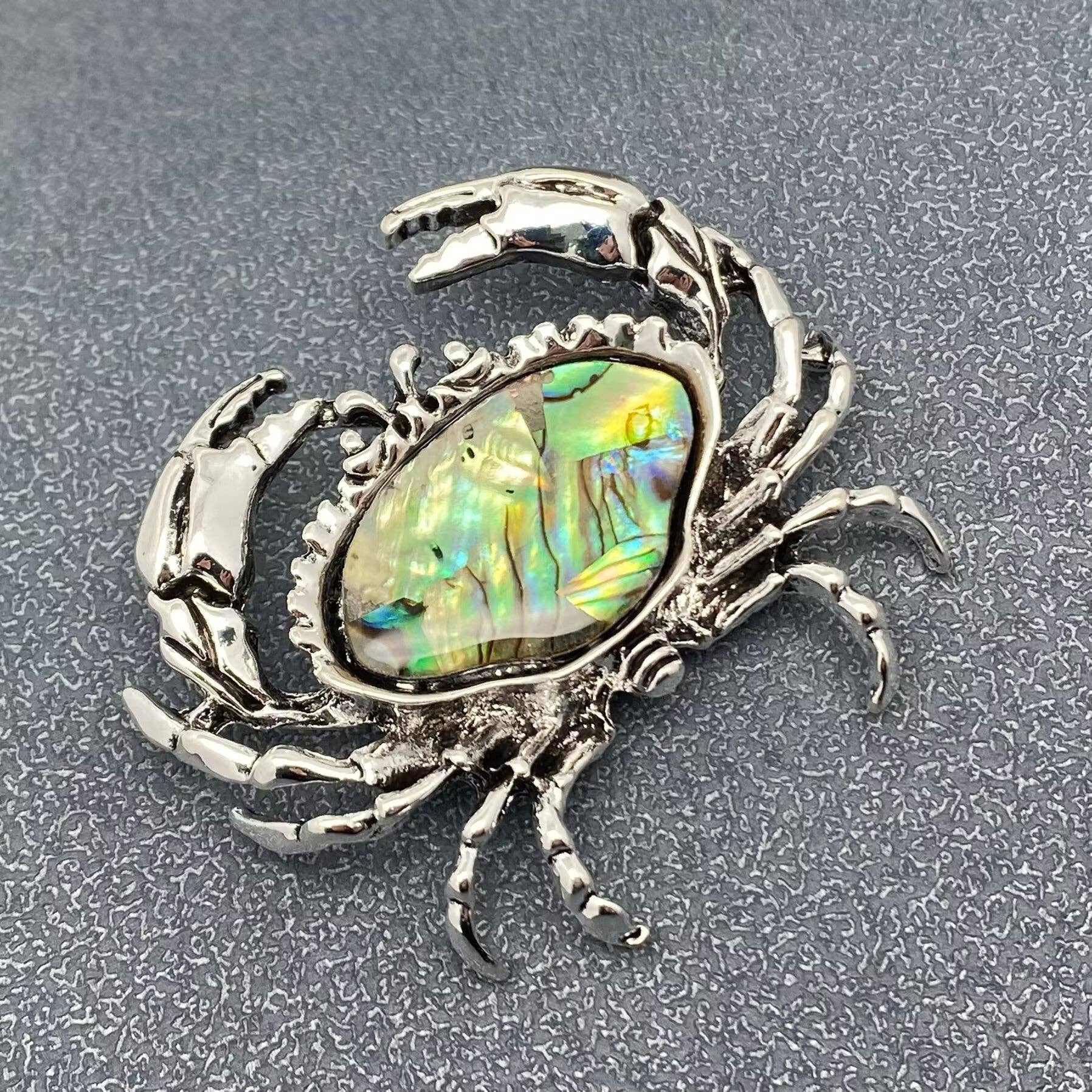Abalone Shell Silver Tone Crab Brooch - Spiral Circle
