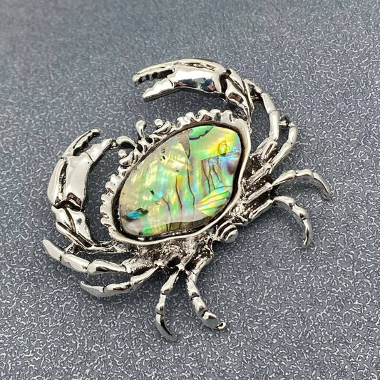 Abalone Shell Silver Tone Crab Brooch - Spiral Circle