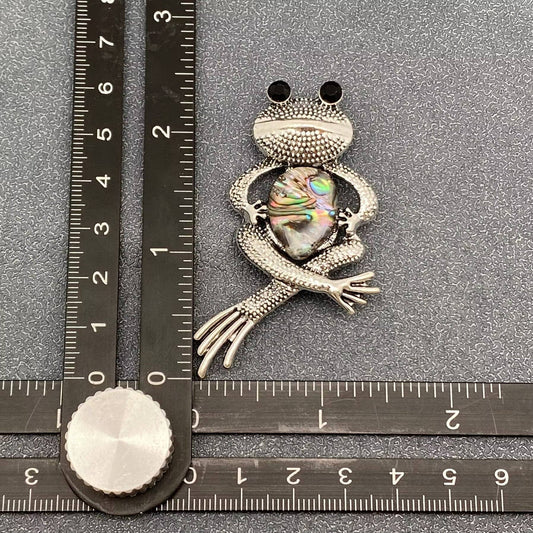 Abalone Shell Silver Tone Frog Brooch - Spiral Circle