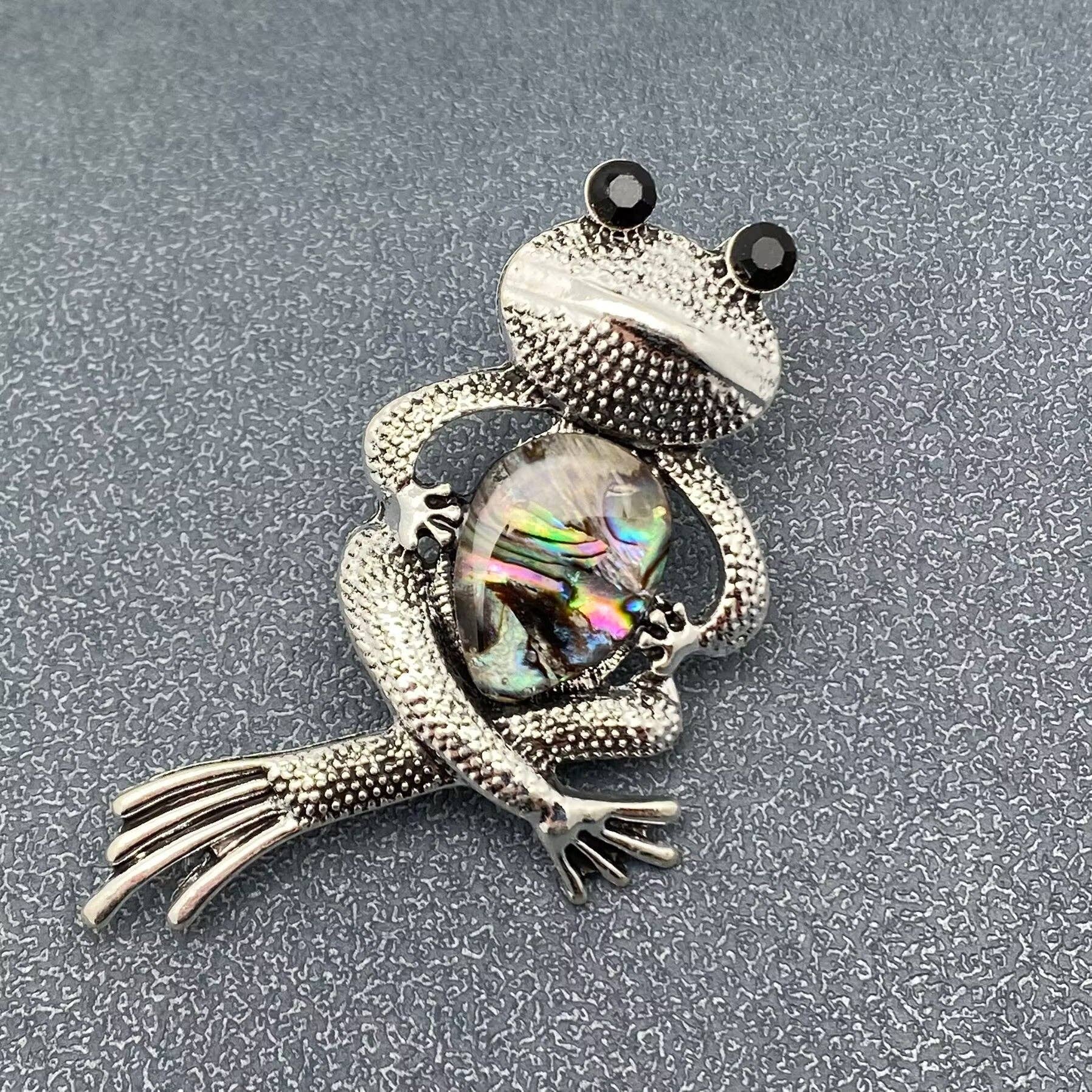 Abalone Shell Silver Tone Frog Brooch - Spiral Circle