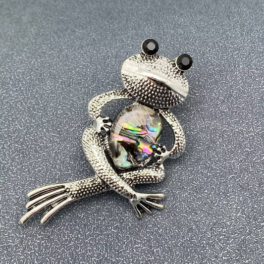Abalone Shell Silver Tone Frog Brooch - Spiral Circle