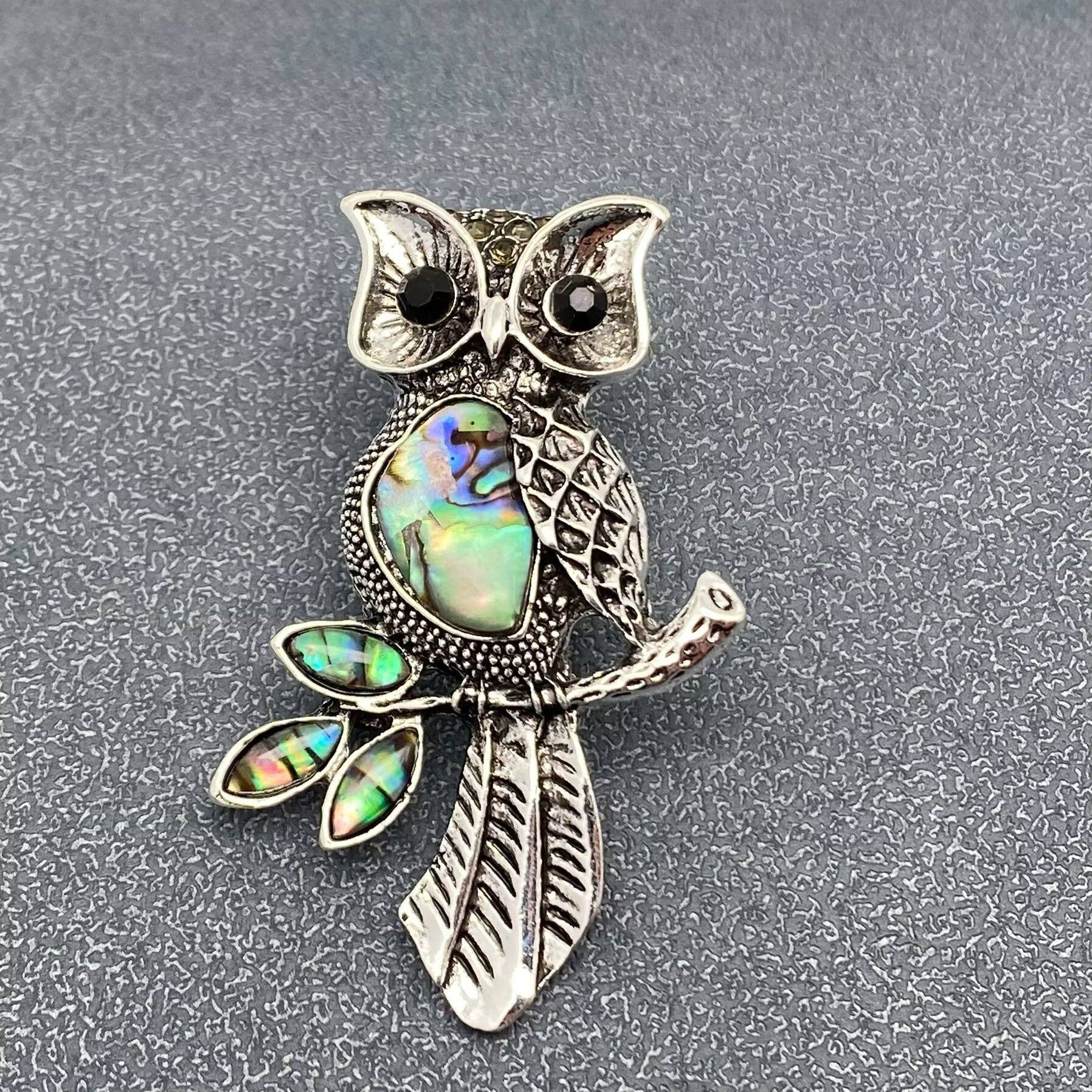 Abalone Shell Silver Tone Owl Brooch - Spiral Circle