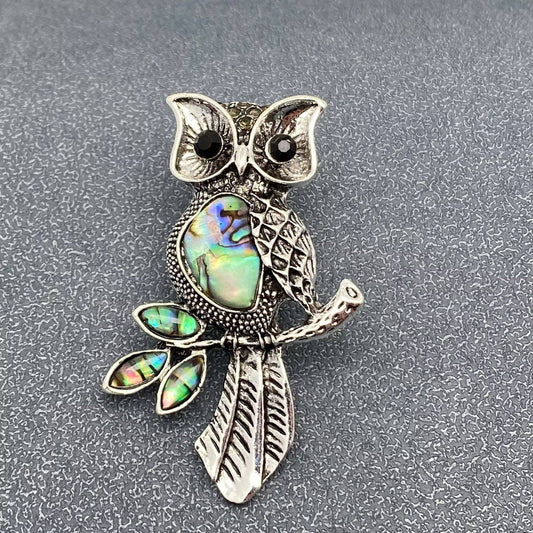 Abalone Shell Silver Tone Owl Brooch - Spiral Circle